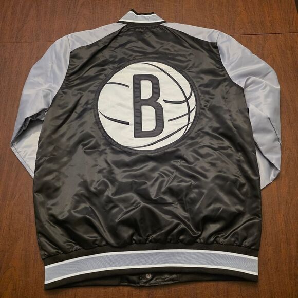 Starter Brooklyn Nets Black Silver Satin Front Snap Varsity Jacket Men's Size L - Picture 3 of 4